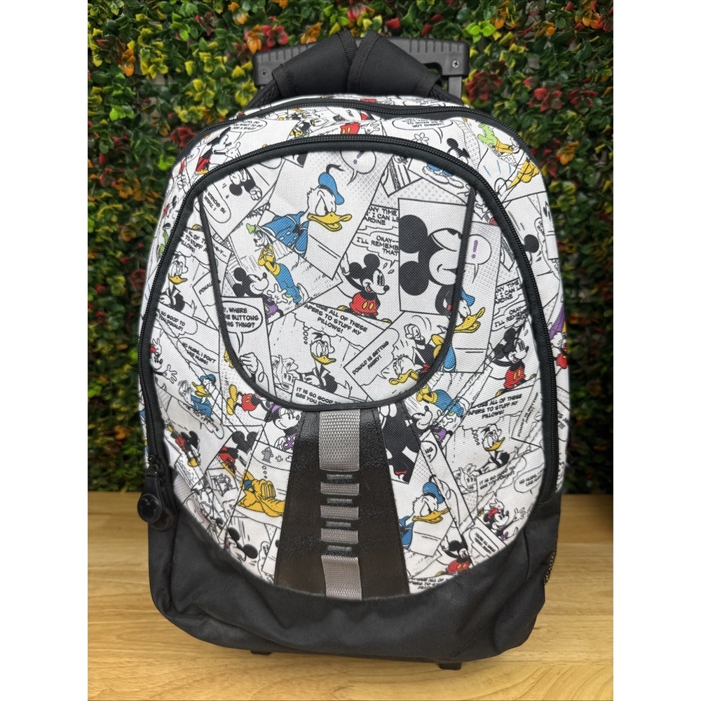 Disney Parks Mickey Mouse Rolling Carry On Luggage Backpack Comic Strip Book Bag